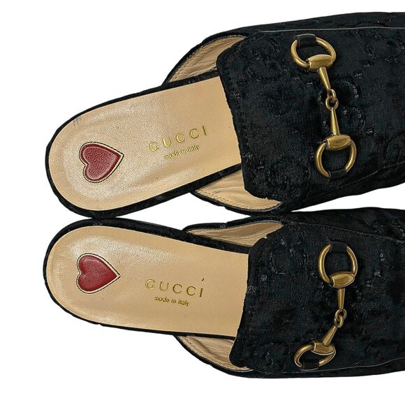 Gucci Princetown Velvet Horsebit Mules Black GG Logo Loafers EU 37 US 7 Monogram - Picture 5 of 11